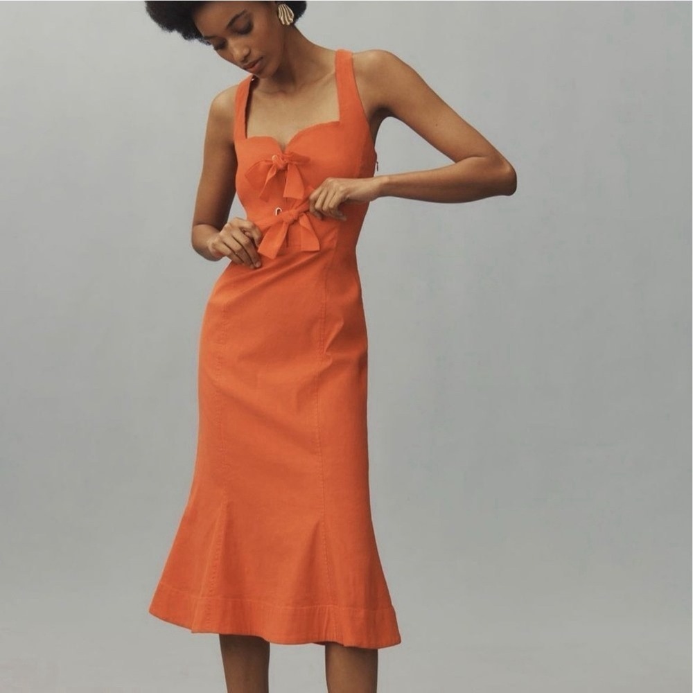 NWT Anthropologie Linen Tie-Front Red Midi Dress Sz L